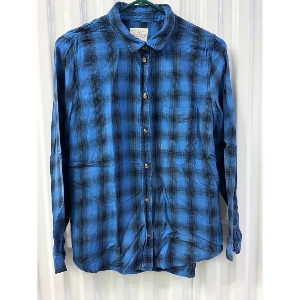 American Eagle Button Down Shirt Womens Medium Blue Good Plaid Boyfriend Flannel